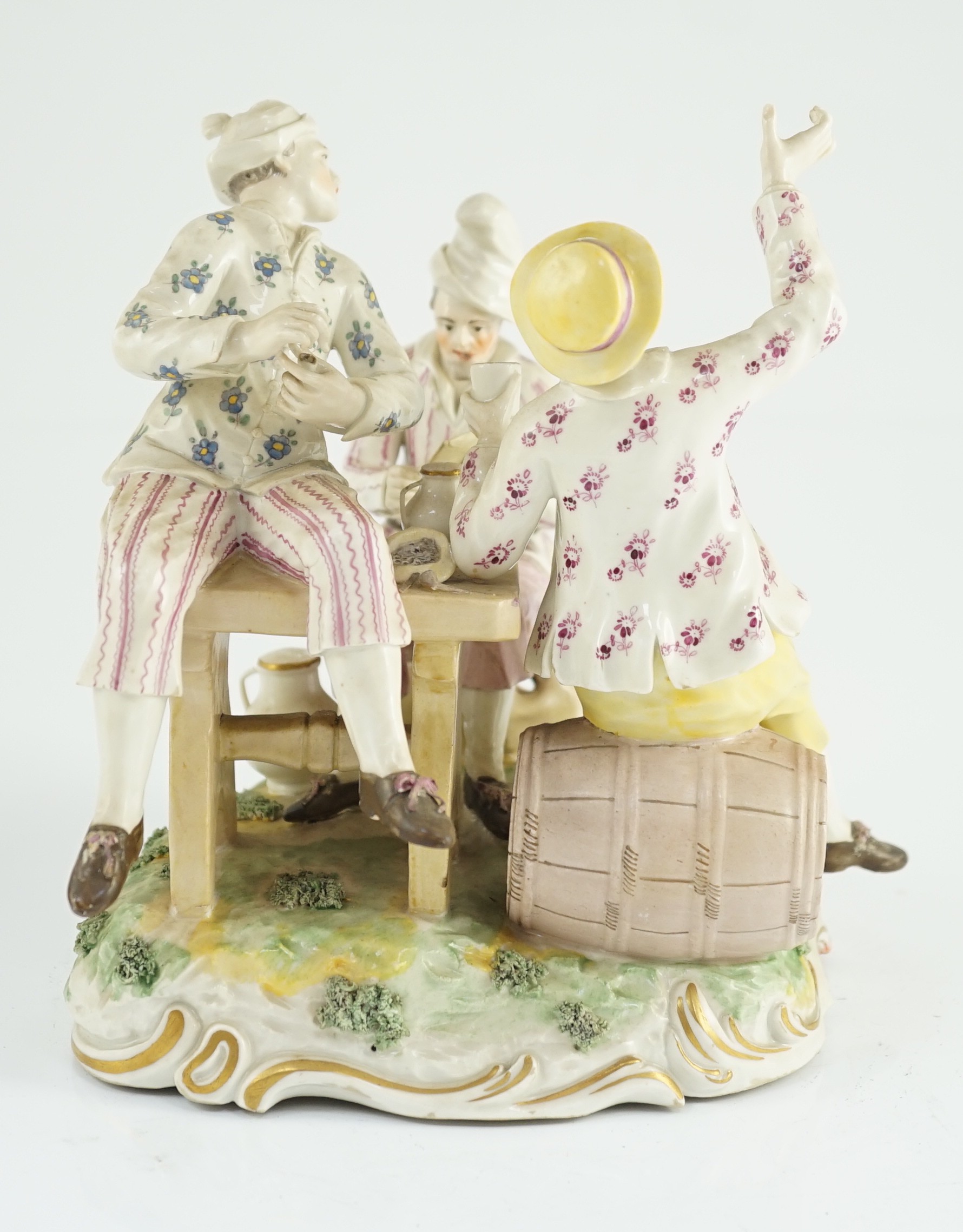 A Frankenthal porcelain group of three carousing men, c.1770-75, modelled by Karl Gottlieb Lück, 20cm high, 19cm wide, restored letter, Provenance - purchased from Winifred Williams, Eastbourne/London before 1970.